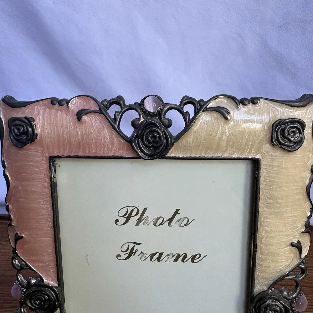 Eleganza Imports Pink Cream Enamel Rose Photo Frame 3.5x5 Ornate Metal Decor